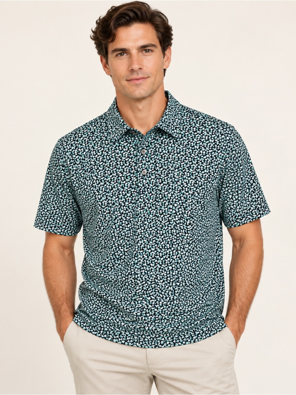 Cutter & Buck Men’s Floral Micro Print Polo Shirt Teal White Size L Golf